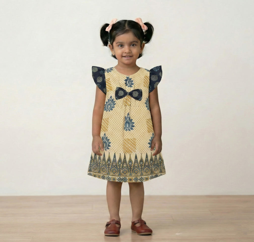 Pure Ajrakh A-Line Frock Dress with Bow