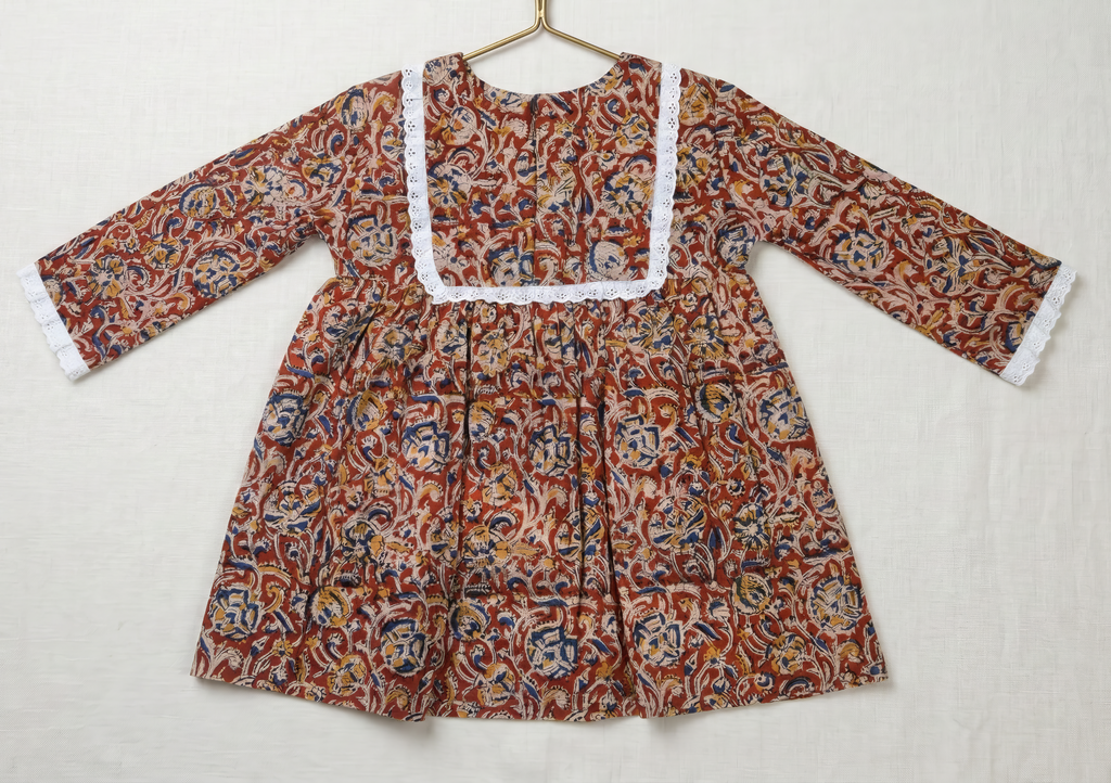 Pure Kalamkari Kids Frock with Crochet Lace